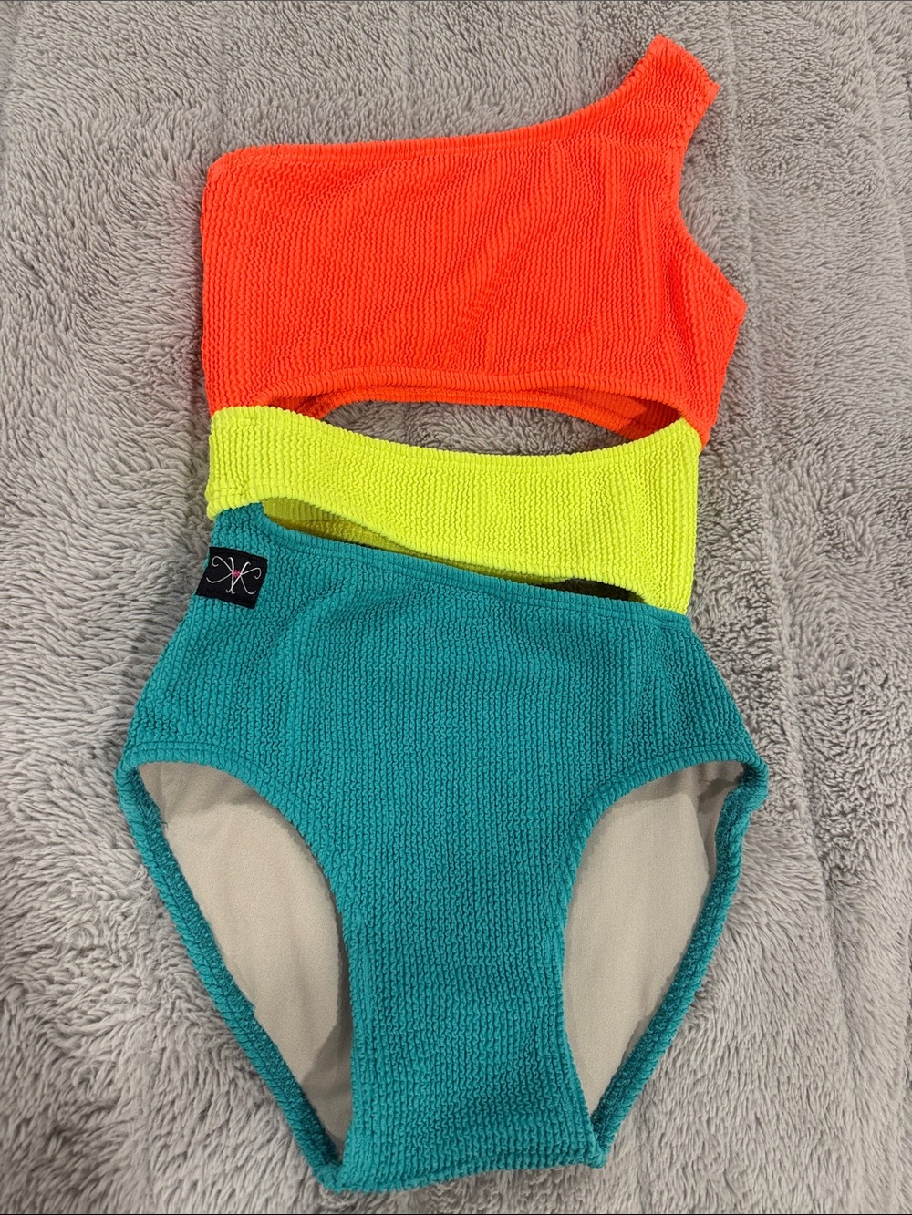 Kandi Kouture color-blocked one-shoulder ribbed crinkle dance leotard swimsuit